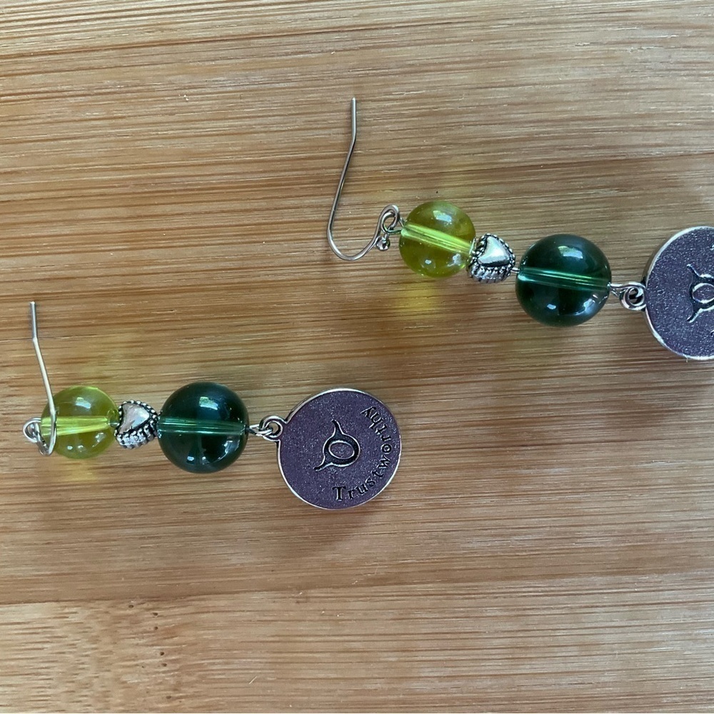 Hand Crafted Zodiac Earrings Taurus Charm Green Lime Beads Silver Heart Pierced - Picture 4 of 9